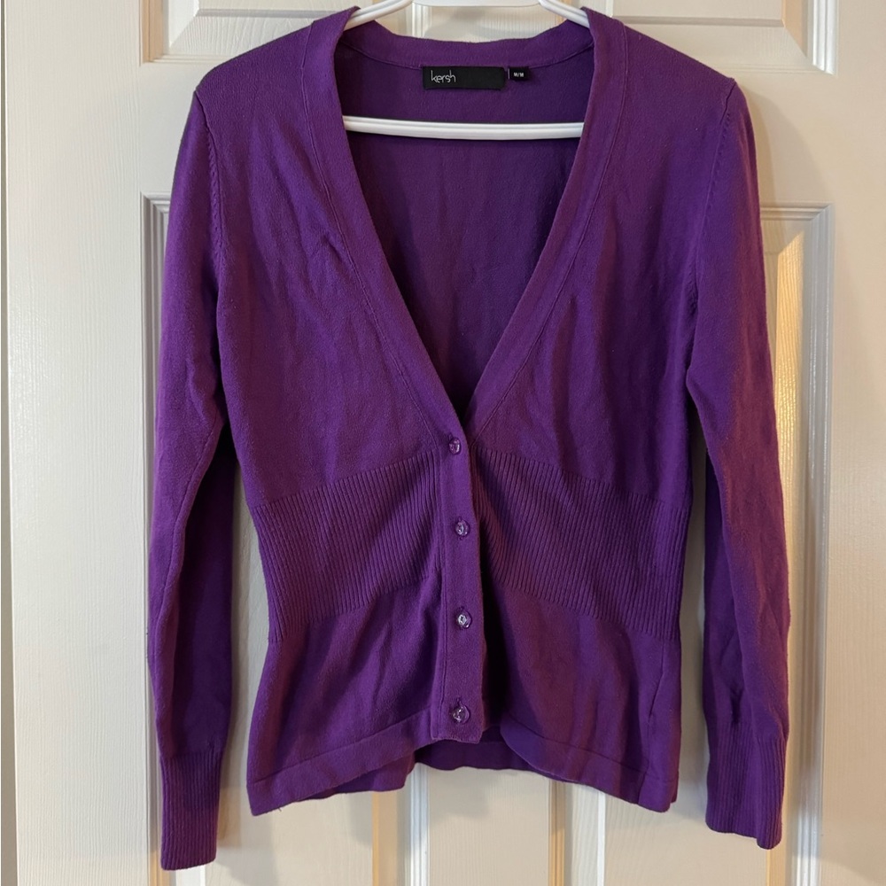 Kersh Deep Purple Womenโs V-Neck Cotton Cardigan Sweater Size S/M